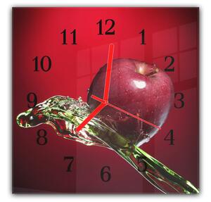 Nástenné hodiny 30x30cm ovocie červené jablko na červenom podklade - kalené sklo