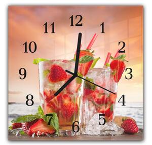 Nástenné hodiny 30x30cm ovocie červené jahody v pohári s ľadom - plexi