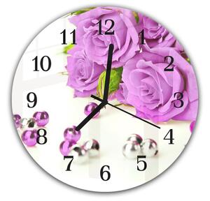 Nástenné hodiny okrúhle pr.30cm fialová ruža a perly - plexi