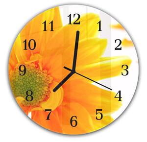 Nástenné hodiny okrúhle pr.30cm detail kvetu sýto žltej chryzantémy - kalené sklo