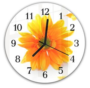 Nástenné hodiny okrúhle pr.30cm oranžový kvet chryzantémy na bielom pozadí - kalené sklo