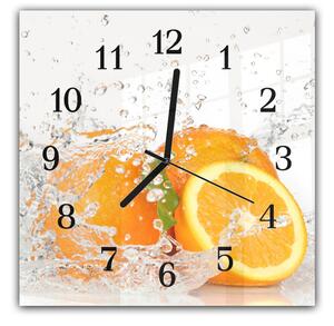 Nástenné hodiny 30x30cm ovocie vo vode pomaranč - kalené sklo
