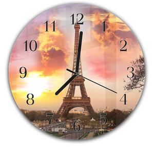 Nástenné hodiny okrúhle pr.30cm Eiffelová veža so západom slnka v Paríži - plexi