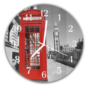 Nástenné hodiny okrúhle pr.30cm Anglická telefónna búdka v Londýne a veža - kalené sklo