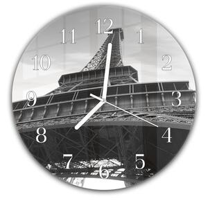 Nástenné hodiny okrúhle pr.30cm detail konštrukcie Eiffelove veže čiernobiely - plexi