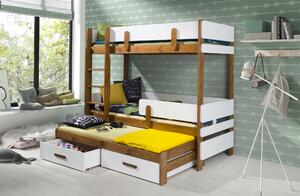 Detská poschodová posteľ z masívu borovice ETTORE III s prístelkou a zásuvkami - 200x90 cm - dub/biela