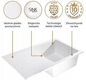 Sink Quality Ferrum, kuchynský granitový drez 770x450x190 mm + čierny sifón, biela, SKQ-FER.W.1KDO.XB
