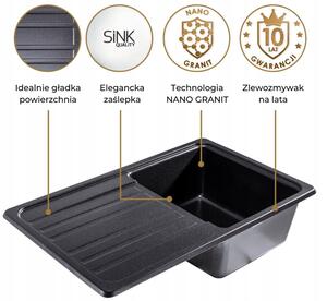 Sink Quality Sapphire, kuchynský granitový drez 755x460x190 mm + čierny sifón, čierna škvrnitá-BROCADE, SKQ-SAP.B.1KDO.XB