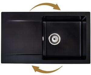 Sink Quality Ferrum, kuchynský granitový drez 770x450x190 mm + čierny sifón, čierna, SKQ-FER.C.1KDO.XB
