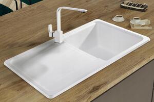 Sink Quality Sapphire, kuchynský granitový drez 755x460x190 mm + chrómový sifón, biela, SKQ-SAP.W.1KDO.X