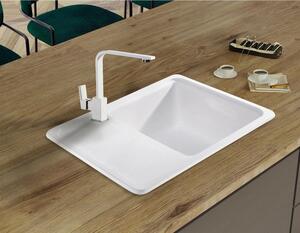 Sink Quality Sapphire, granitový kuchynský drez 565x460x210 mm + čierny sifón, 1-komorový, biela, SKQ-SAP.W.1KKO.XB