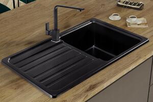 Sink Quality Sapphire, kuchynský granitový drez 755x460x190 mm + chrómový sifón, čierna, SKQ-SAP.C.1KDO.X