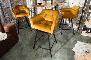 Invicta Interior - Retro barová stolička LOFT 100 cm zamatová horčicovo žltá s lakťovou opierkou