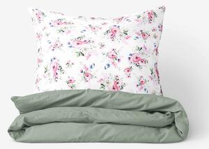 Goldea bavlnené posteľné obliečky duo - ružové sakury s lístkami s šalviovo zelenou 140 x 220 a 70 x 90 cm