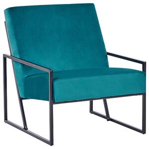 Kreslo modrozelené zamatové čalúnené čierny železný rám moderná elegantná obývacia izba
