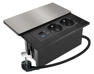 SOLIGHT Vstavaný blok zásuviek s posuvným krytom, 2 zásuvky, USB A+C 65W PD, 2m, strieborný