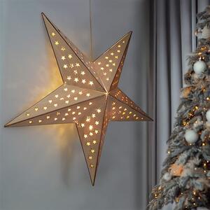 SOLIGHT LED drevená závesná vianočná hviezda, časovač, 20x LED, 65cm, 2x AA