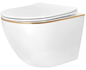 Rea Carlo Mini Tornado NF, závesná WC misa 490x365x350mm + toaletné sedadlo, biela-zlatý okraj, REA-C6806