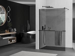 Mexen Kioto+, sprchová zástena s poličkou a držiakom na uteráky 70 x 200 cm, 8mm šedé sklo, čierny profil, 800-070-121-70-40