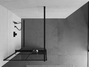 Mexen Kioto+, sprchová zástena s poličkou a držiakom na uteráky 90 x 200 cm, 8mm sklo číre sklo vzor čierny, čierny profil, 800-090-121-70-77