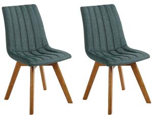 Sada 2 jedálenských stoličiek v zelenej farbe polyesterovej látke tmavé drevené nohy vertikálne prešívanie retro štýl
