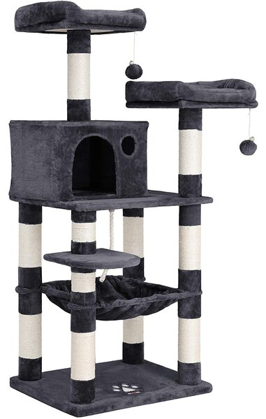 Škrabadlo pre mačky, mačací strom, 2 plyšové lôžka, 143 cm, dymovo šedý