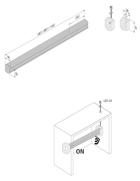 Hera Šatníkové LED svietidlo so snímačom, 100 cm, Hliník / sivá / zinok, Spálňa, kov, Moderný, Nábytkové svetlo downlight