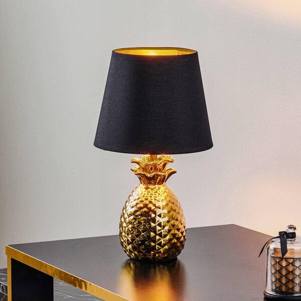 Reality Leuchten Keramická stolná lampa Pineapple čierno-zlatá, Mosadz / zlato, Obývacia izba / jedáleň, Keramický, Moderný, Stojacie svietidlo
