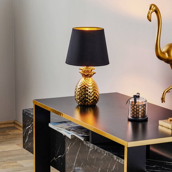 Reality Leuchten Keramická stolná lampa Pineapple čierno-zlatá, Mosadz / zlato, Obývacia izba / jedáleň, Keramický, Moderný, Stojacie svietidlo
