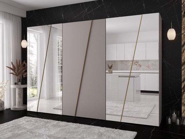 Mirjan24 Moderná skriňa so zrkadlom Grelipt 4L 300 cm, Farby: biela / biela + zlatá 5903211532375