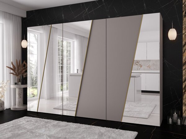 Mirjan24 Moderná skriňa so zrkadlom Grelipt 4L 300 cm, Farby: biela / biela + zlatá 5903211532375