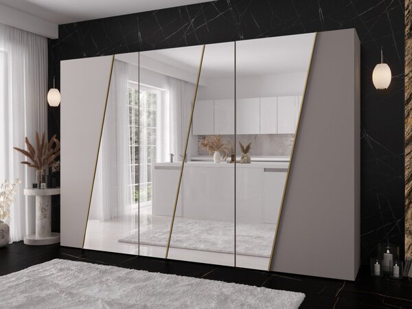 Mirjan24 Moderná skriňa so zrkadlom Grelipt 4L 300 cm, Farby: biela / biela + zlatá 5903211532375