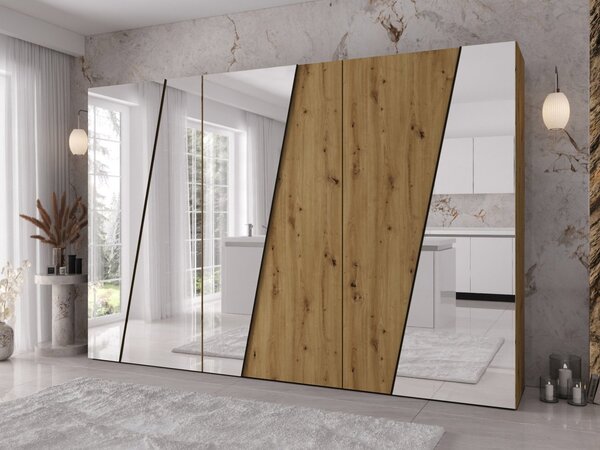 Mirjan24 Moderná skriňa so zrkadlom Grelipt 4L 300 cm, Farby: kašmír / kašmír + čierna 5903211532443