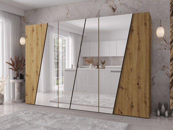 Mirjan24 Moderná skriňa so zrkadlom Grelipt 4L 300 cm, Farby: kašmír / kašmír + čierna 5903211532443