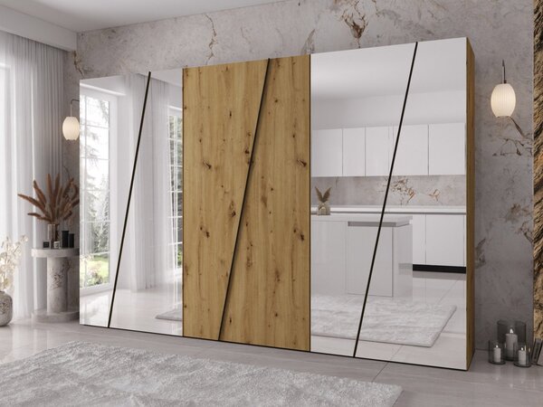 Mirjan24 Moderná skriňa so zrkadlom Grelipt 4L 300 cm, Farby: kašmír / kašmír + čierna 5903211532443