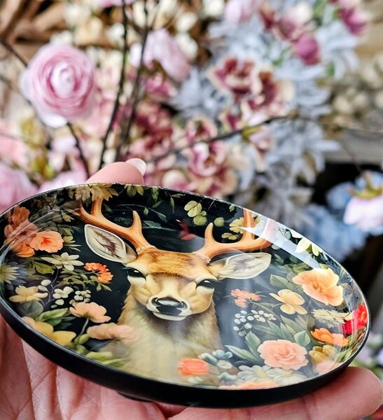 Čierny kovový podtácok hlava Jeleň s kvetmi - Ø 11*1 cm - Clayre & Eef