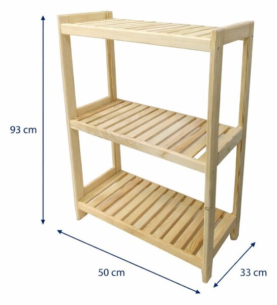 Drevený regál s 3 policami, 93 × 50 × 33 cm, borovica, český