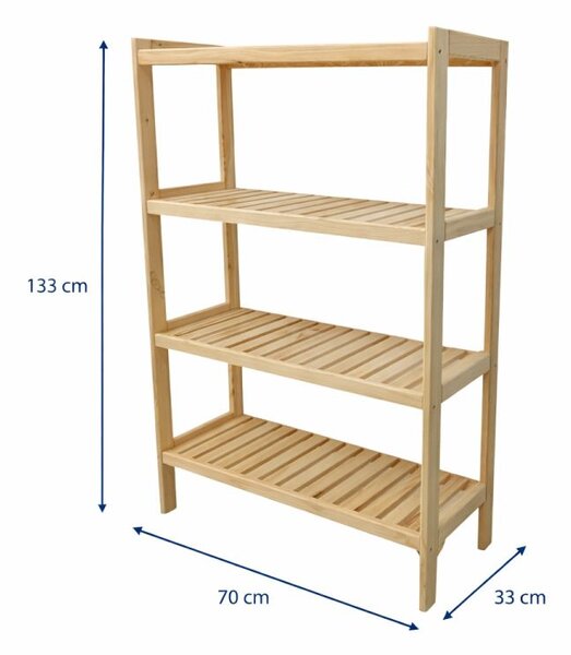 Drevený regál so 4 policami, 133 × 70 × 33 cm, borovica