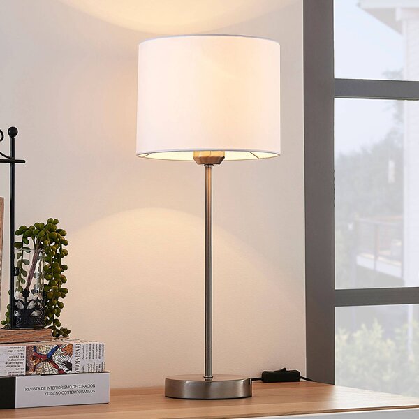 Stolná lampa Lindby Annatina, biela, nikel, výška 48 cm, textil, Hliník / sivá / zinok, Spálňa, Textil / látka / hodváb, Moderný, Stojacie svietidlo