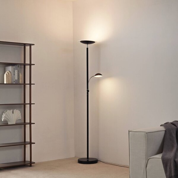 Lindby LED stojacia lampa Malea, čierna, na citanie, stmievateľné, Čierna, Obývacia izba / jedáleň, kov, Moderný, Zemné bodové svetlo