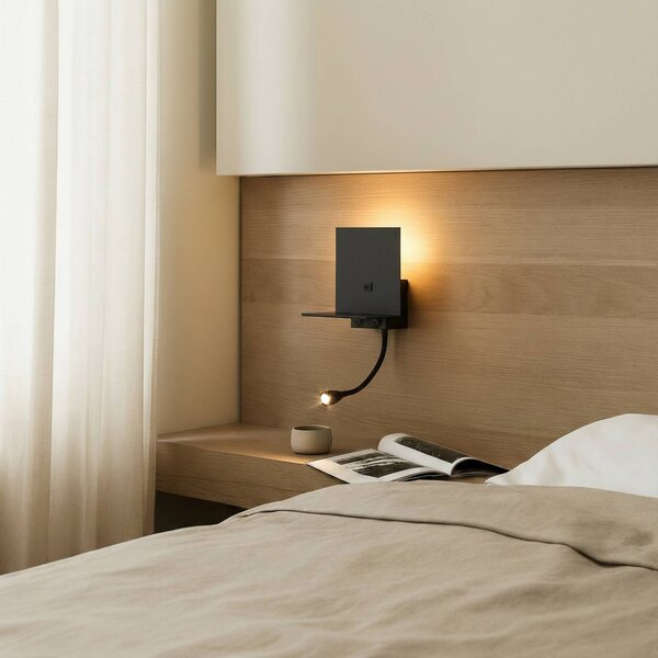 Nástenné svietidlo Lindby Thorid, čierne, USB, LED lampa na čítanie, G9, Čierna, Obývacia izba / jedáleň, kov, Moderný, Nástenné svietidlo