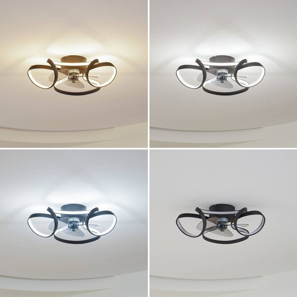 Lindby Stropný ventilátor LED Lomata, čierny, tichý, Ø 23 cm, Čierna, Obývacia izba / jedáleň, Hliník, Moderný