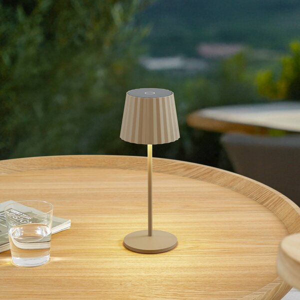 Lindby stolová LED lampa Esali, béžová, kov, IP65, Krémová / jantárovo žltá, Obývacia izba / jedáleň, Hliník, Moderný, Stojacie svietidlo