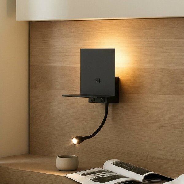 Nástenné svietidlo Lindby Thorid, čierne, USB, LED lampa na čítanie, G9, Čierna, Obývacia izba / jedáleň, kov, Moderný, Nástenné svietidlo