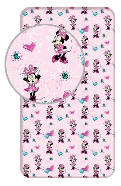 Ružová napínacia bavlnená detská plachta 90x200 cm Minnie "Flowers" – Jerry Fabrics