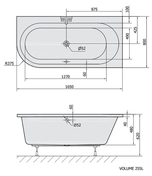 Polysan Polysan, ASTRA R asymetrická vaňa 165x80x48cm, biela, 34611