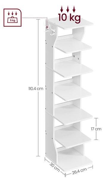 VASAGLE Regál na topánky 6 políc s háčikmi 26 x 110 x 30 cm biely