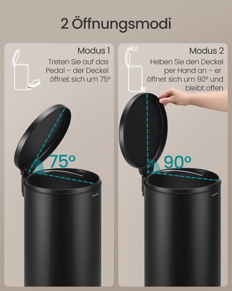 SONGMICS Kruhový pedálový odpadkový kôš, plastový vnútorný vedro s tichým zatváraním, 30 l, čierna