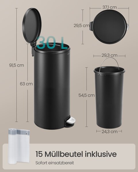 SONGMICS Kruhový pedálový odpadkový kôš, plastový vnútorný vedro s tichým zatváraním, 30 l, čierna