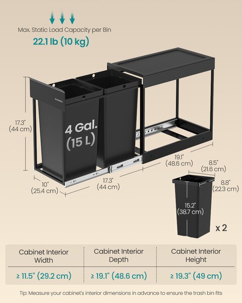 SONGMICS Vstavaný odpadkový kôš do skrinky, 2 x 15 l, oceľový rám, čierny